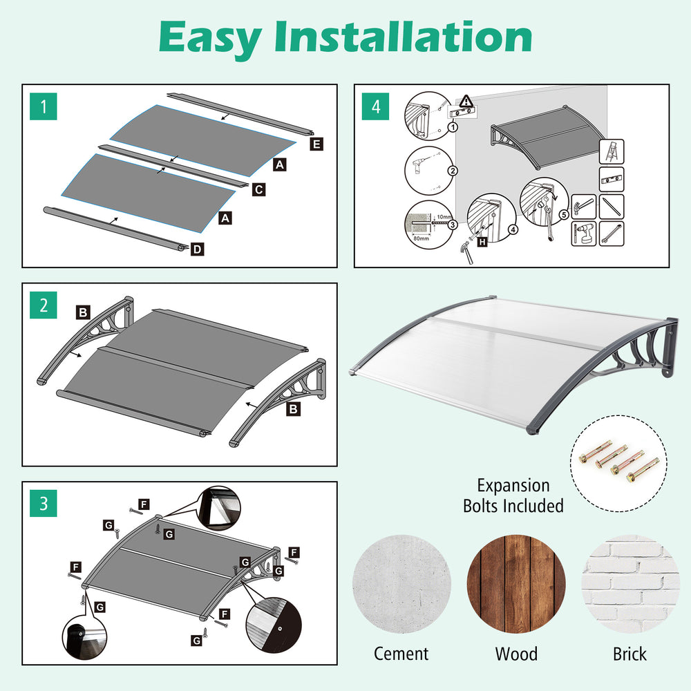 Outdoor door canopy installation steps with gray PC sheet and ABS bracket, suitable for cement, wood, or brick walls.