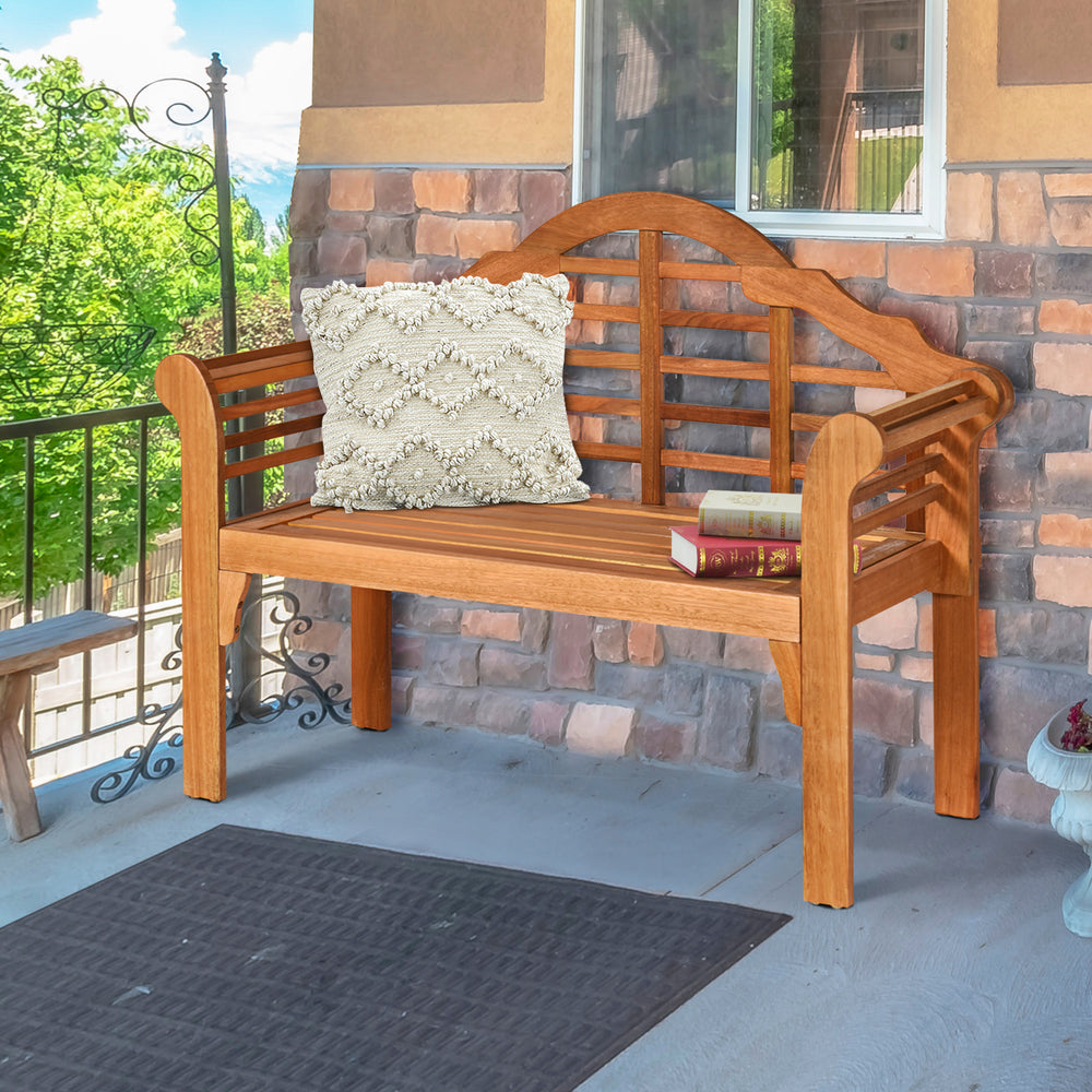 Spacious 49-inch eucalyptus wood folding bench with elegant backrest, perfect for relaxing in garden or patio settings.