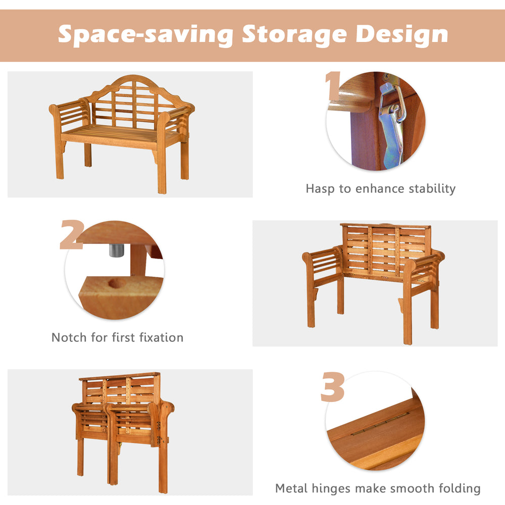 Folding eucalyptus wood outdoor bench with backrest and armrest, designed for space-saving storage in patio or garden.