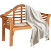 Eucalyptus wood outdoor folding bench with backrest and armrest, featuring a cozy blanket, ideal for patio or garden.