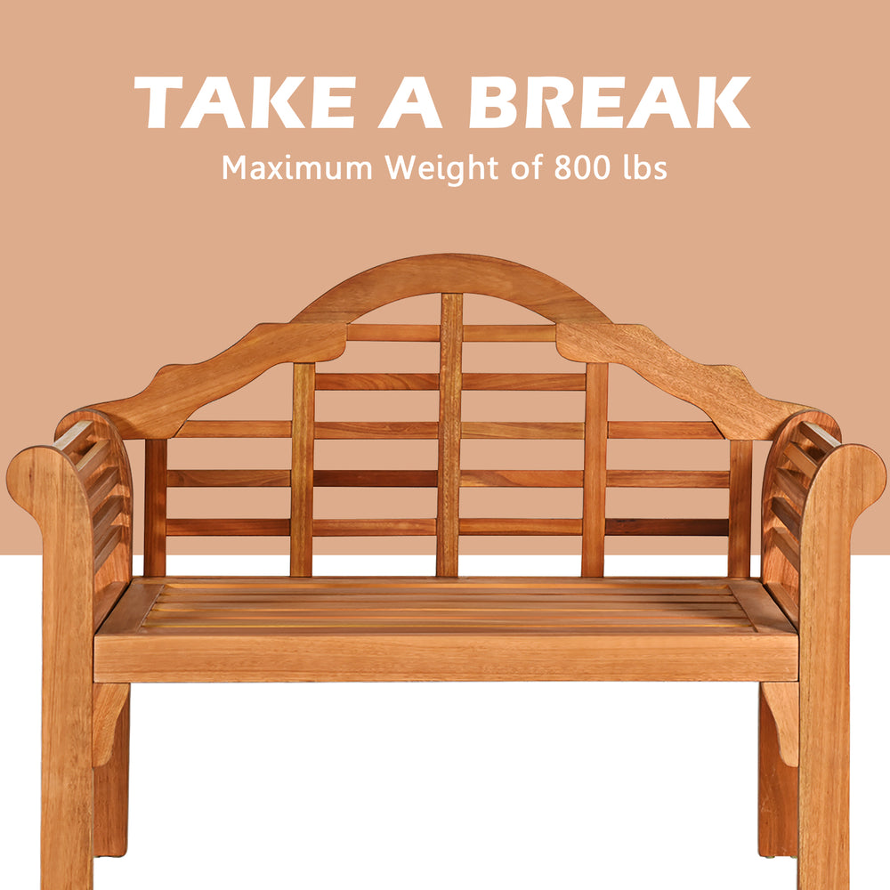 Eucalyptus wood folding bench with backrest and armrests, supports 800 lbs, ideal for patio and garden seating.