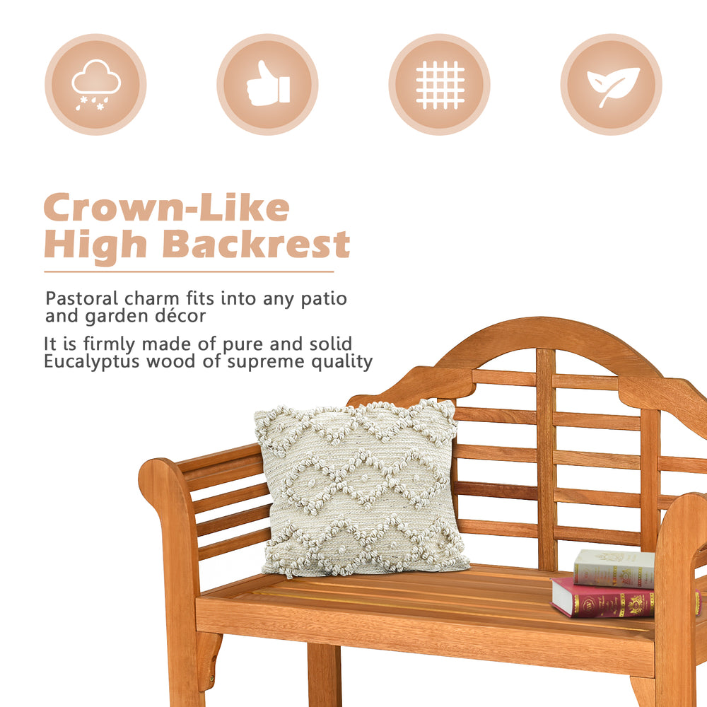 Eucalyptus wood outdoor folding bench with high backrest and armrests, perfect for patio and garden seating.
