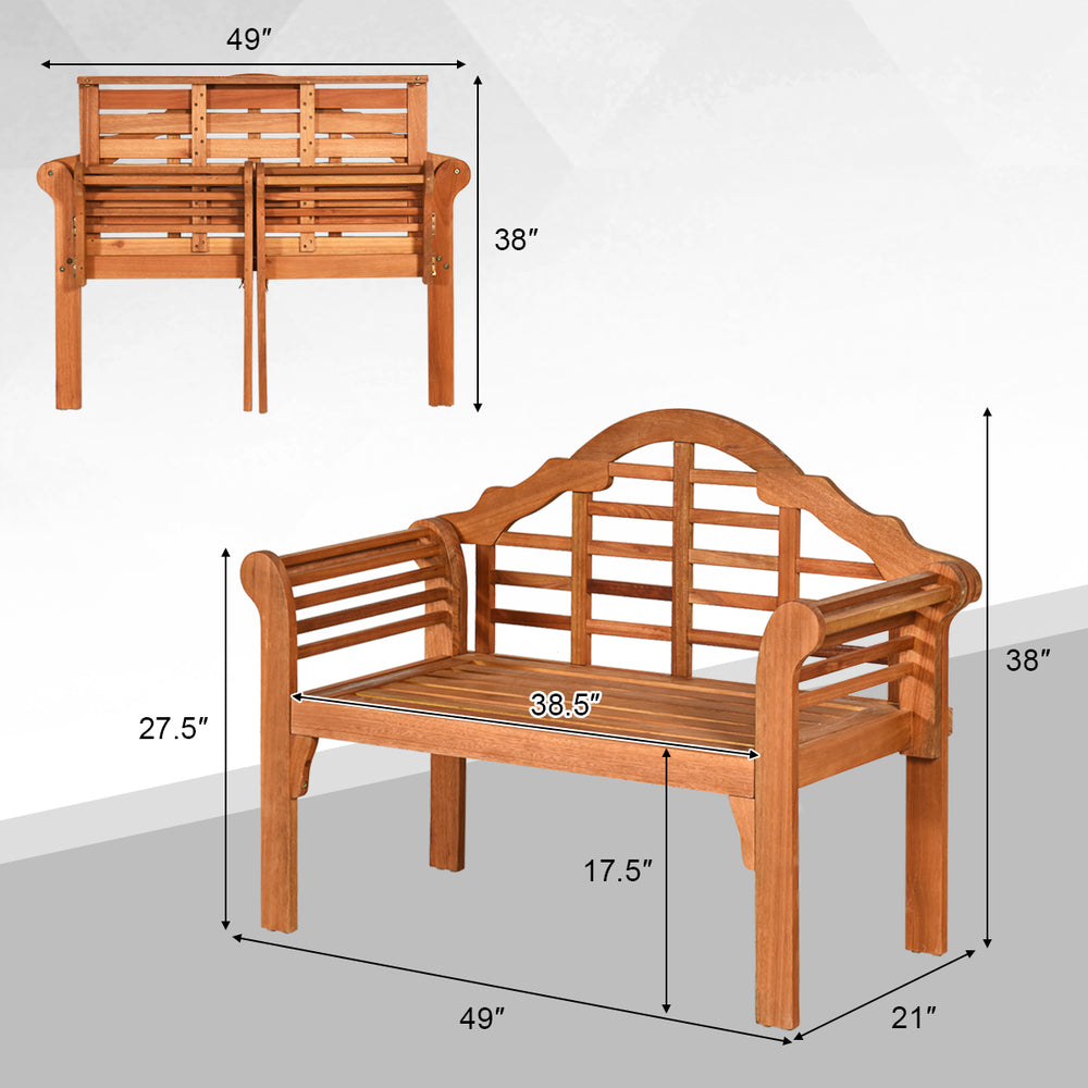 Eucalyptus wood outdoor folding bench with backrest and armrest, 49 inches, perfect for garden and patio seating.