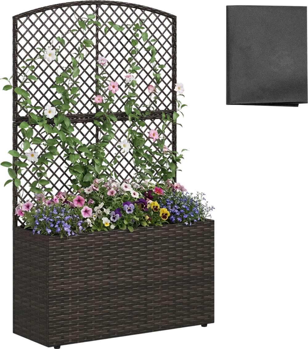 49-inch raised garden bed with trellis and wicker planter box in brown, ideal for climbing plants and vertical.