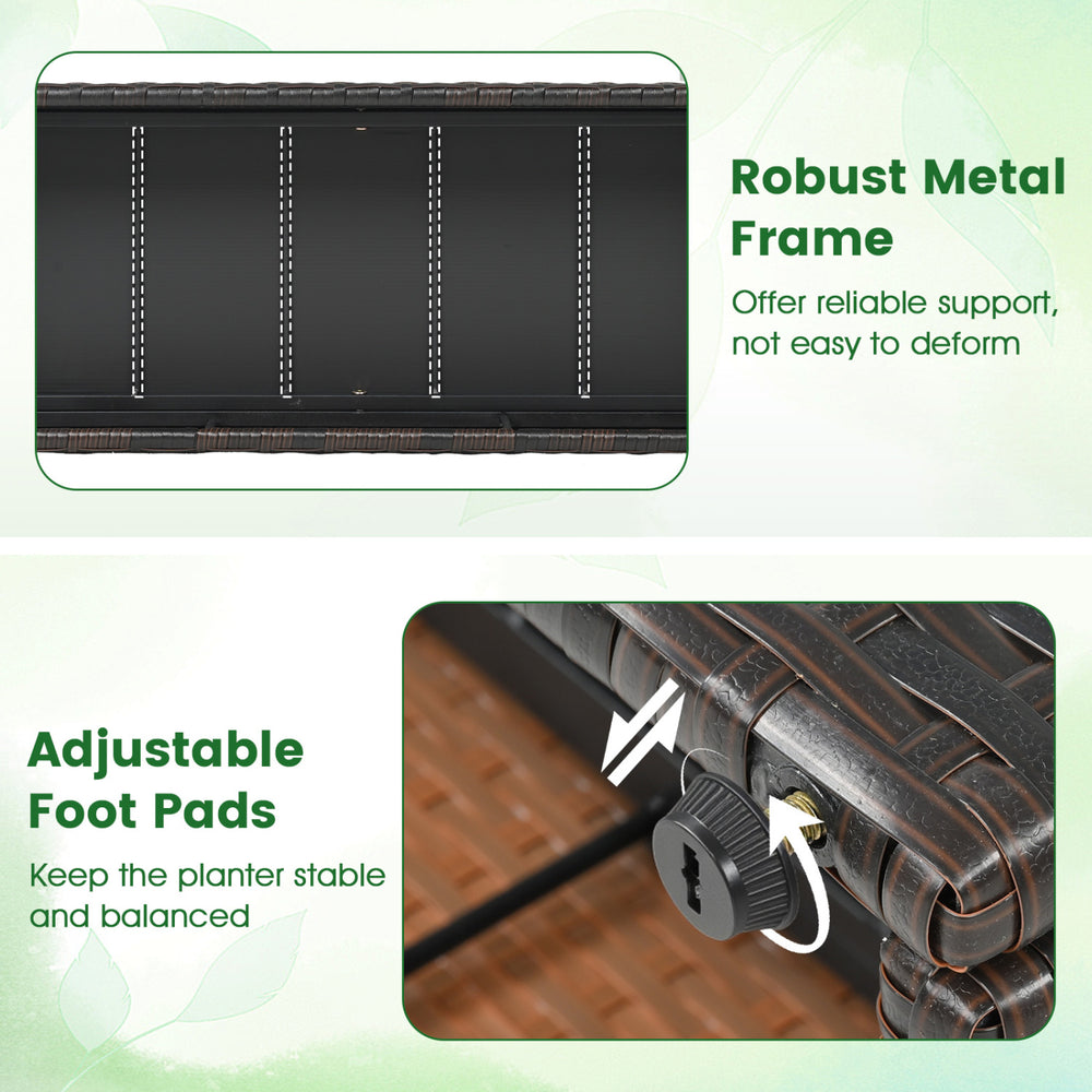 Close-up of the robust metal frame and adjustable foot pads of the 49-inch raised garden bed with trellis, brown wicker.