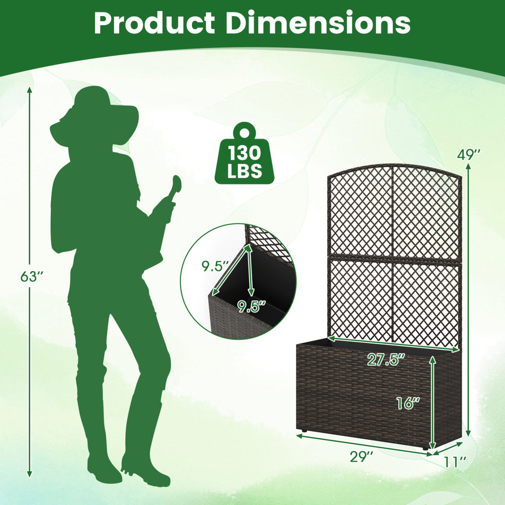 Dimensions of the 49 Inch Raised Garden Bed with Trellis, featuring a wicker planter box for outdoor gardening.