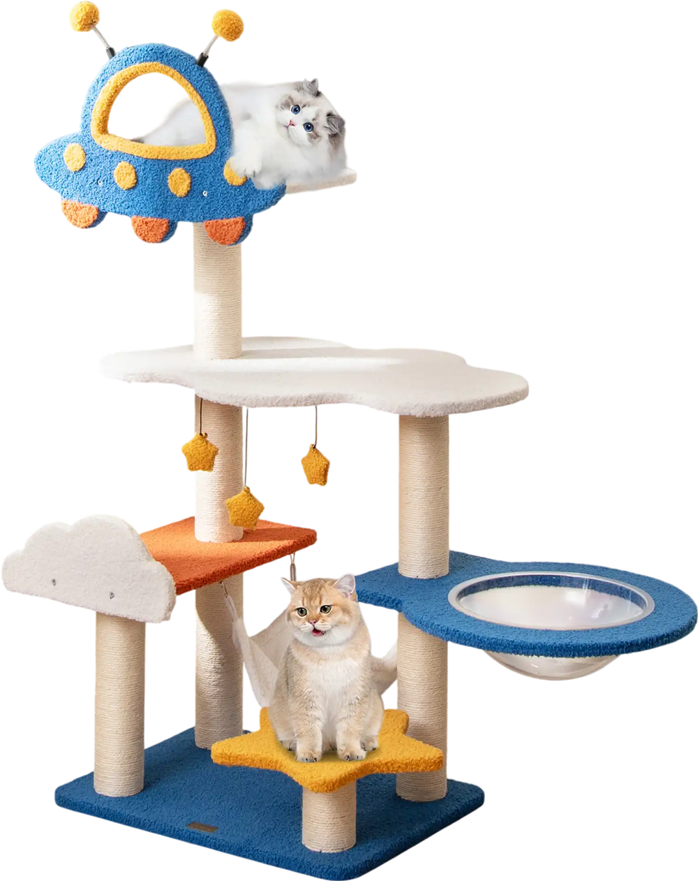 Cat tree featuring a UFO top perch, sisal scratching posts, and colorful platforms for playful climbing and napping.