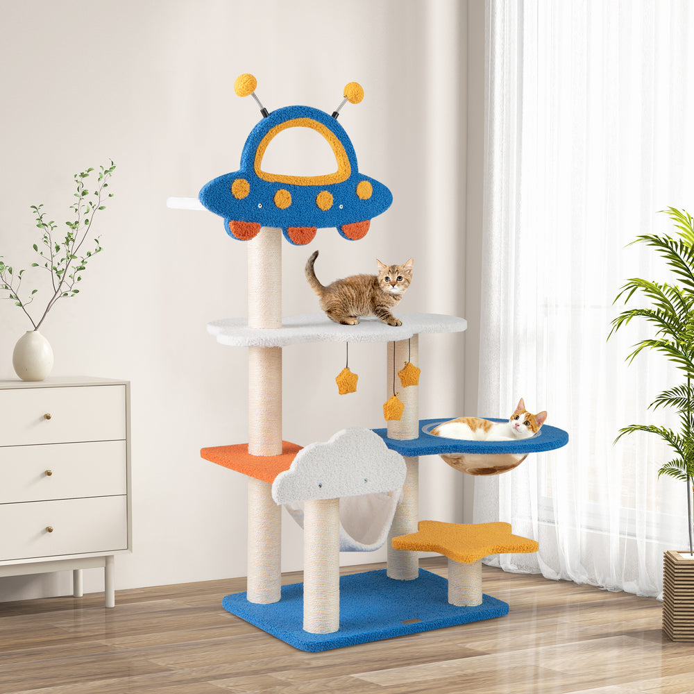 Cat tree with UFO top perch, sisal scratching posts, and cozy hammock for playful and comfortable cat lounging.