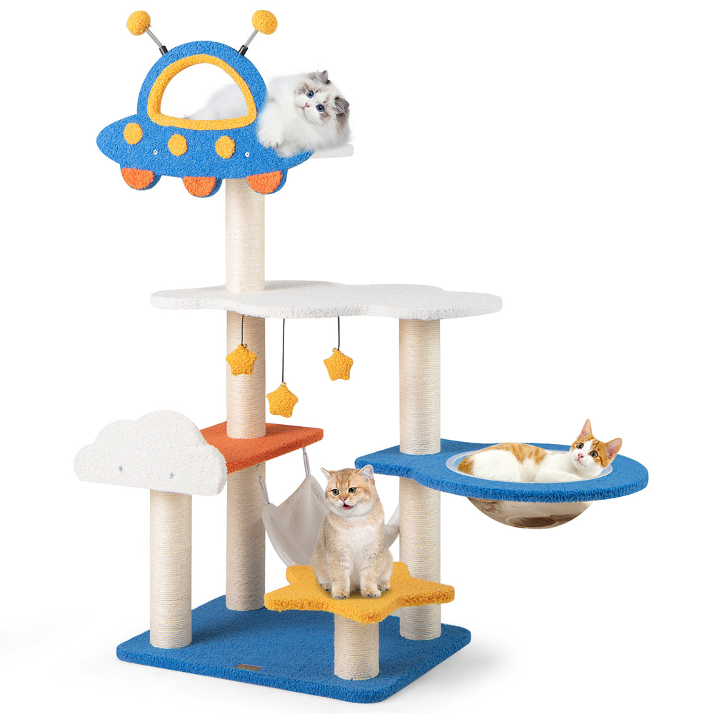 Cat tree with UFO top perch, sisal scratching posts, and hammock for cozy napping and climbing fun in blue.