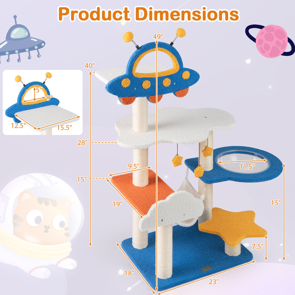 49-inch tall cat tree with UFO top perch, sisal scratching posts, and soft hammock for playful cat relaxation.