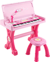 Kids electric piano keyboard toy in pink with 49 keys, stool, microphone, and LED lights for interactive musical play.