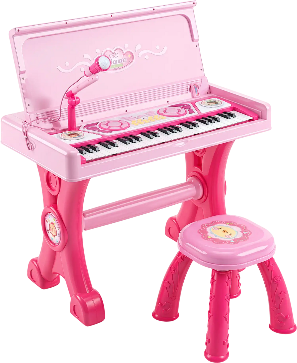 Kids electric piano keyboard toy in pink with 49 keys, stool, microphone, and LED lights for interactive musical play.