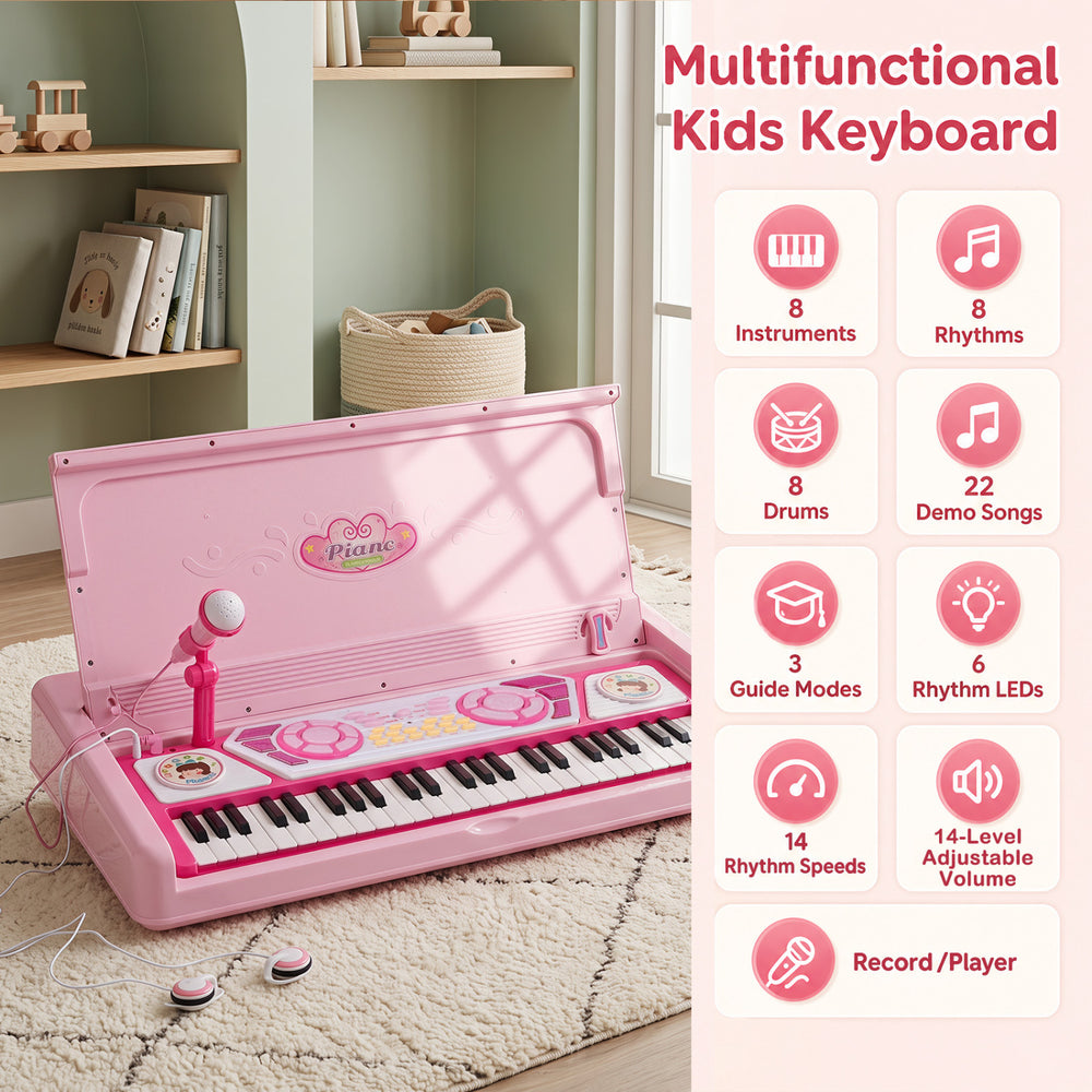 Kids electric piano keyboard toy in pink with 49 keys, microphone, stool, and multiple sound modes for interactive play.
