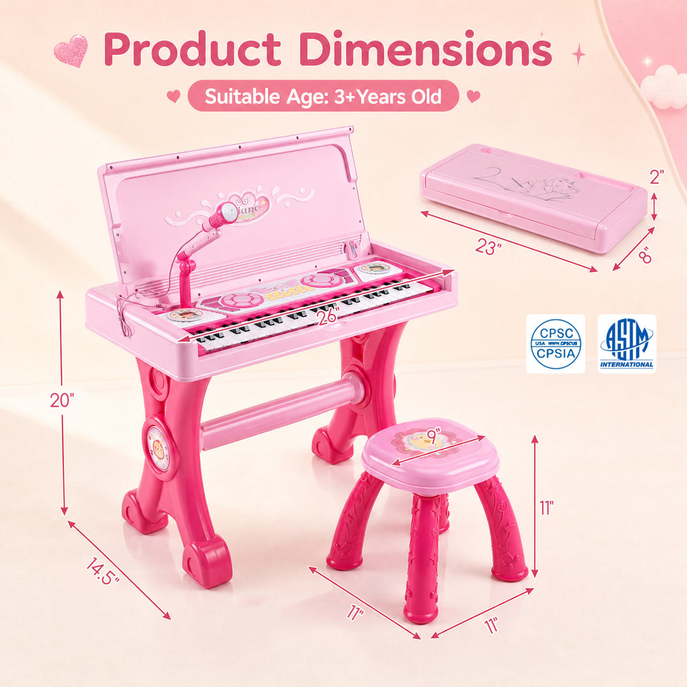 Kids electric piano keyboard toy in pink with 49 keys, stool, microphone, and LED lights for interactive play.