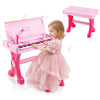 Kids electric piano keyboard toy in pink with 49 keys, stool, microphone, and LED lights for interactive music play.