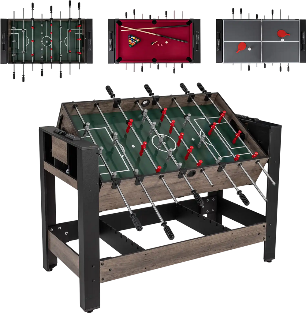 49-inch combo game table featuring foosball, pool billiards, and tennis, with sturdy H-shaped legs for home.