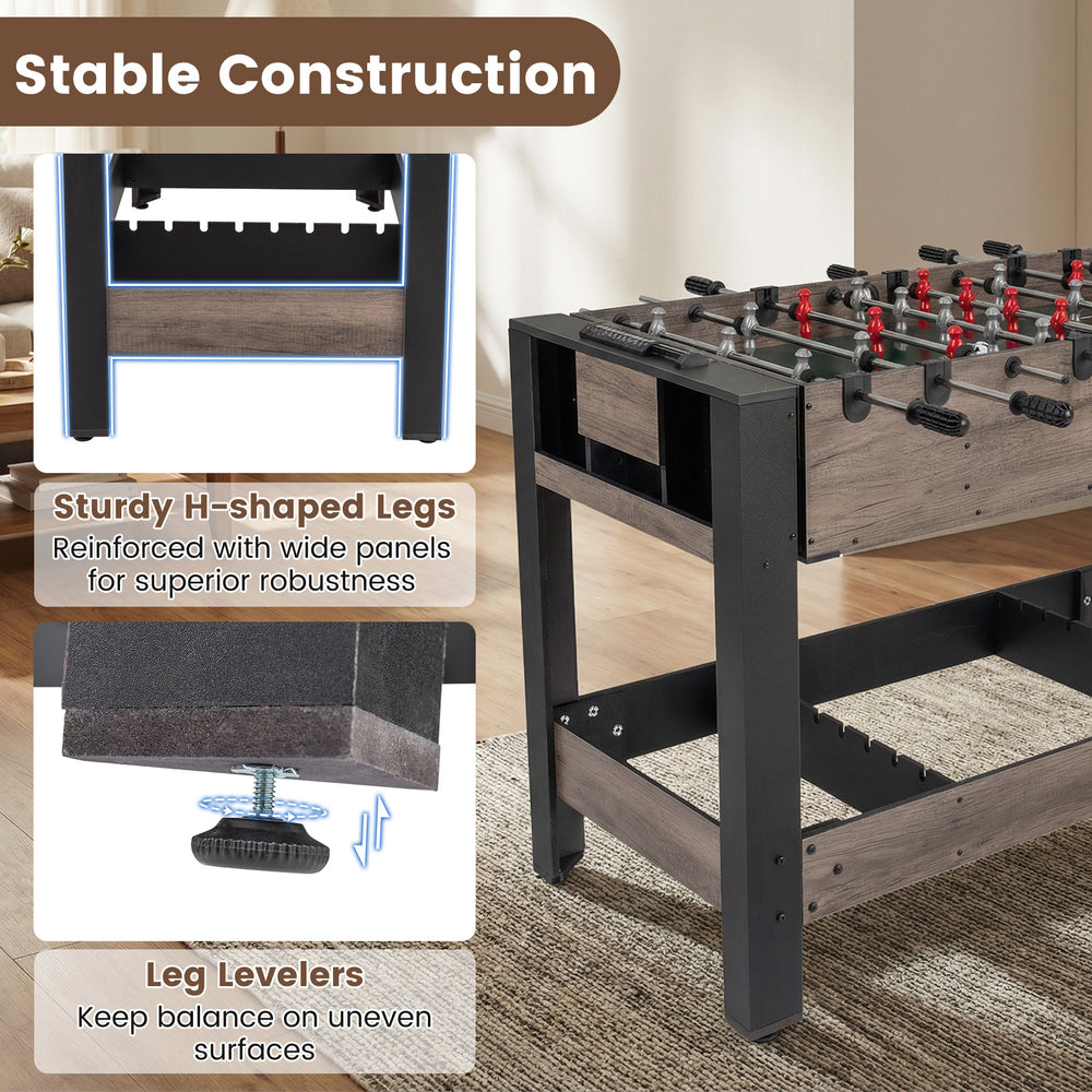 Sturdy H-shaped legs and leg levelers of the 49 inch Combo Game Table ensure stability for pool, foosball, and tennis.