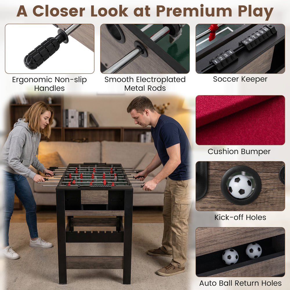 Close-up of the 49-inch combo game table showing ergonomic handles and smooth metal rods for foosball and billiards.