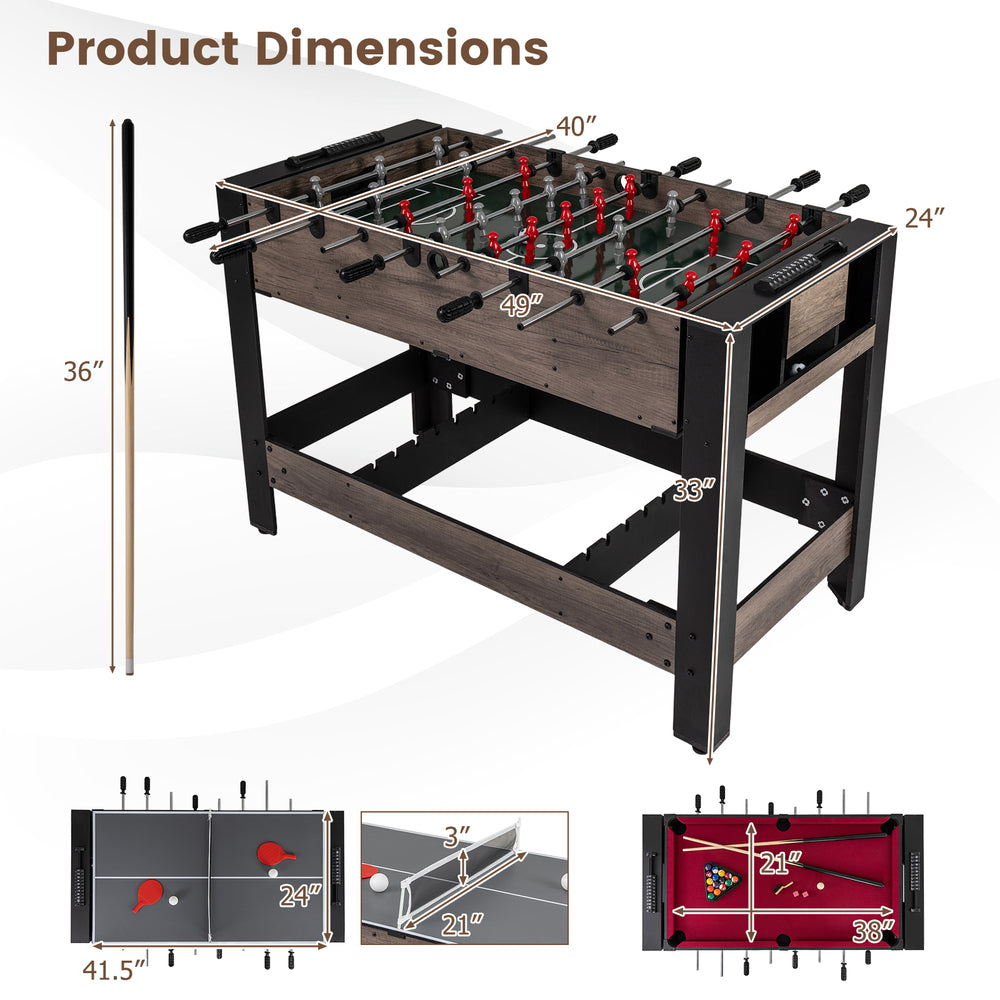 49-inch combo game table featuring pool, foosball, and tennis, with sturdy H-shaped legs for home or game room use.