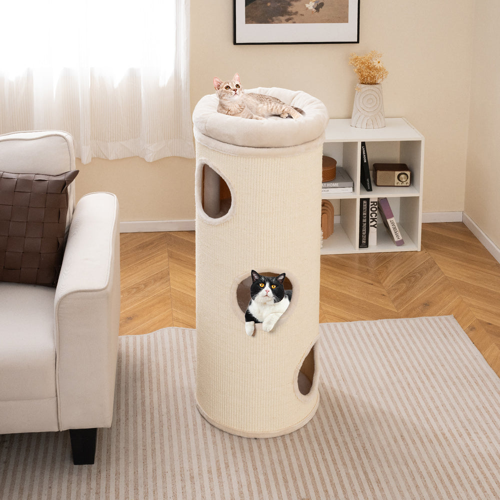 Elevated 49-inch beige cat house with four stories, featuring a comfy top perch and sisal scratching board for multiple.