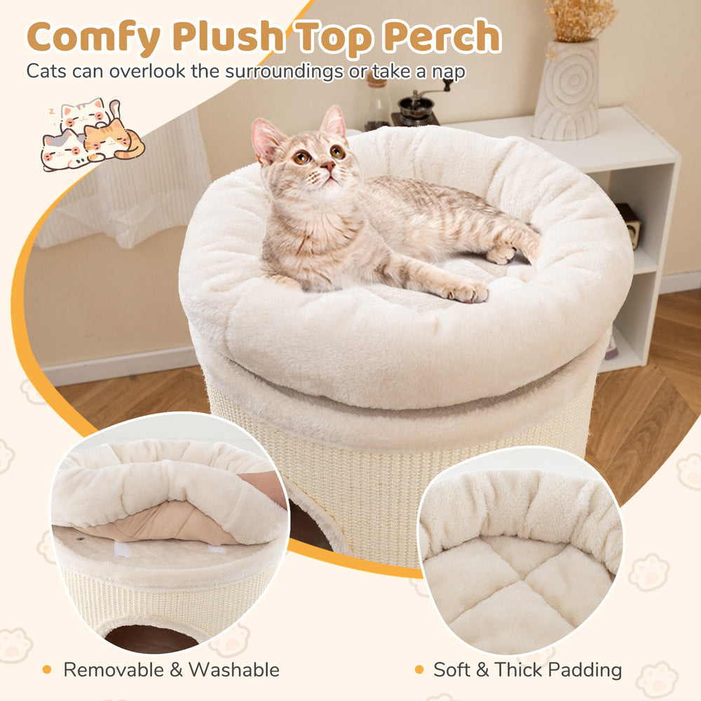 Comfy top perch of the 49-inch elevated cat house in beige, featuring soft padding for naps and relaxation.