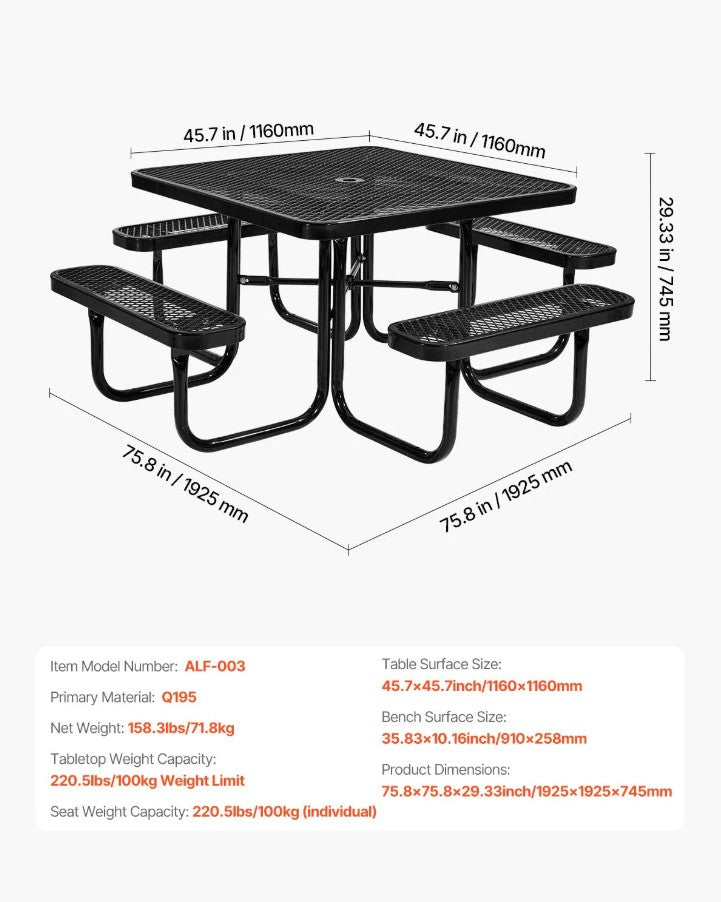 Vevor Outdoor Steel Picnic Table Set Weather-Resistant Square Patio Dining Furniture New