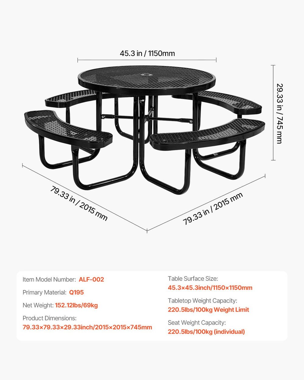 Vevor Picnic Table Outdoor Steel Frame with Umbrella Hole Seats 6-8 People Weather-Resistant New