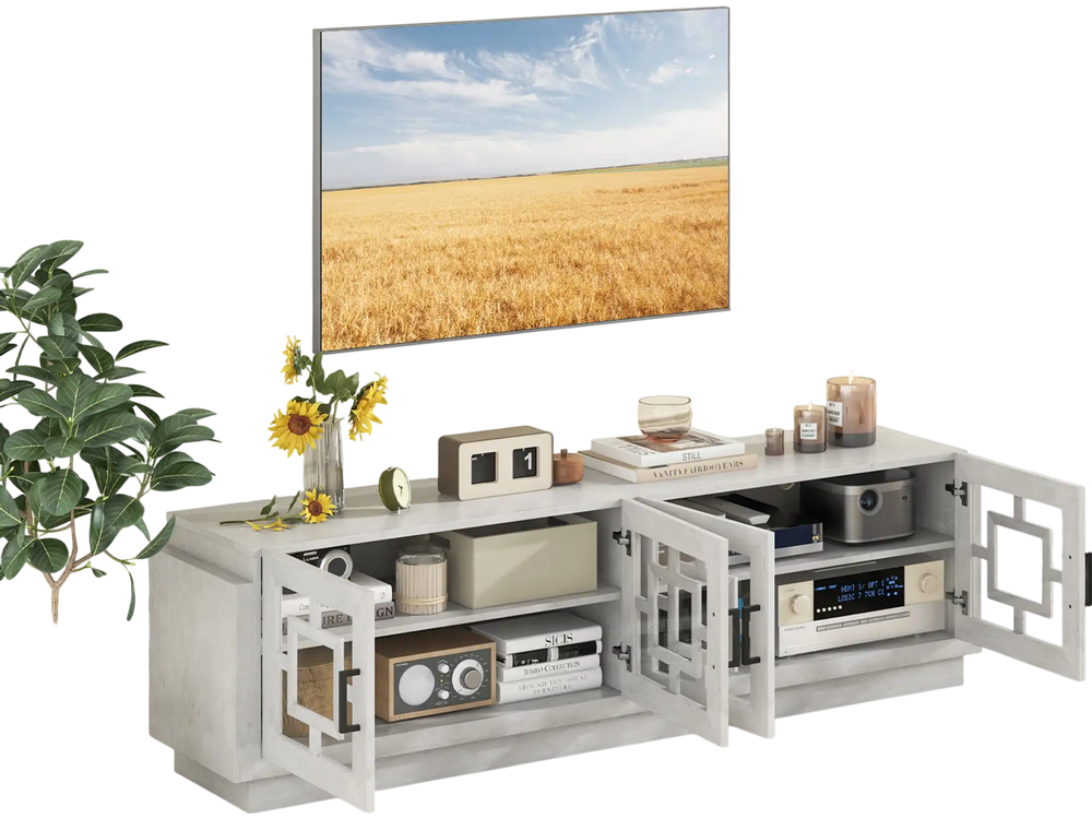 4-door oak TV stand with adjustable shelves, designed for TVs up to 75 inches, featuring elegant side panels and cable.
