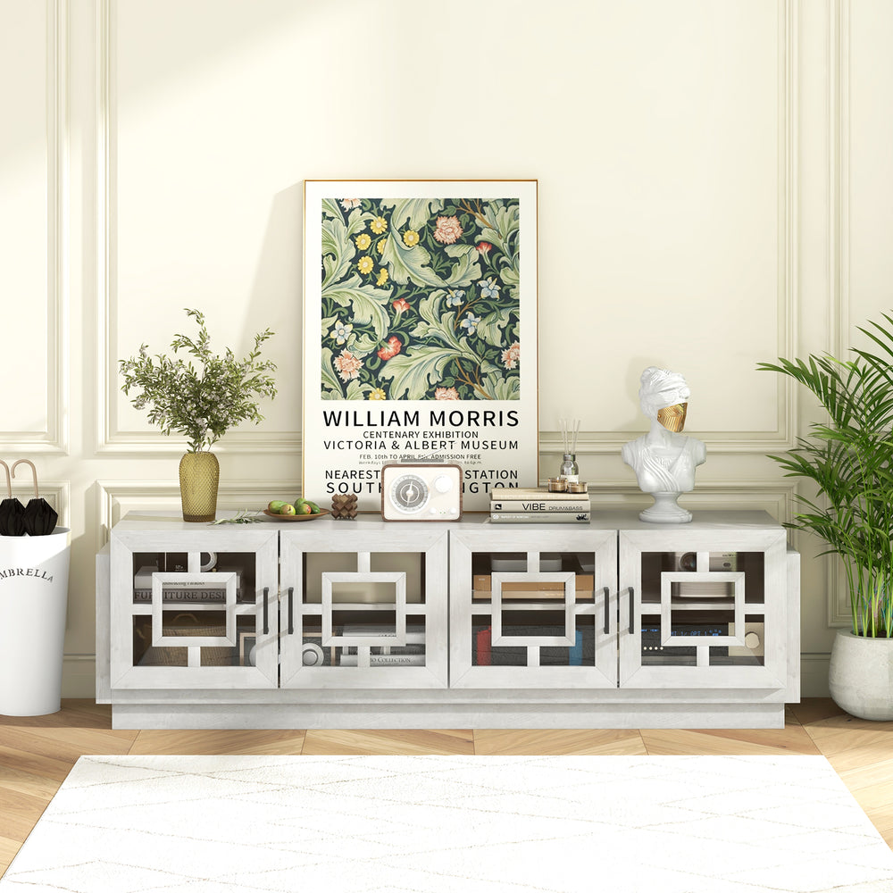 4-door TV stand in oak with glass cabinets, adjustable shelves, and elegant design, perfect for TVs up to 75 inches.