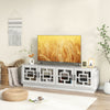 4-door TV stand in oak finish with adjustable shelves, designed for TVs up to 75 inches, ideal for media storage.