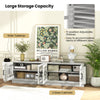 4-door oak TV stand with adjustable shelves, glass cabinets, and wide tabletop for TVs up to 75 inches, ideal for media.