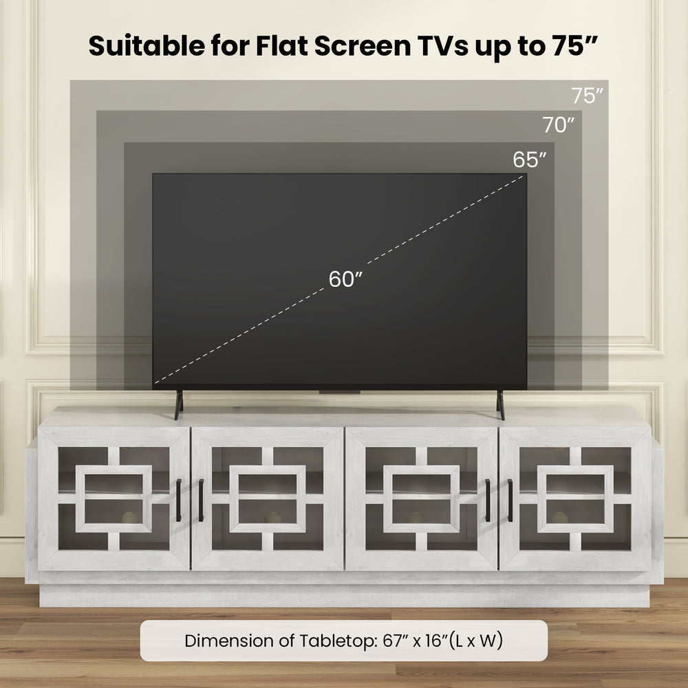 4-door TV stand in oak for TVs up to 75 inches, featuring adjustable shelves and elegant design for media storage.