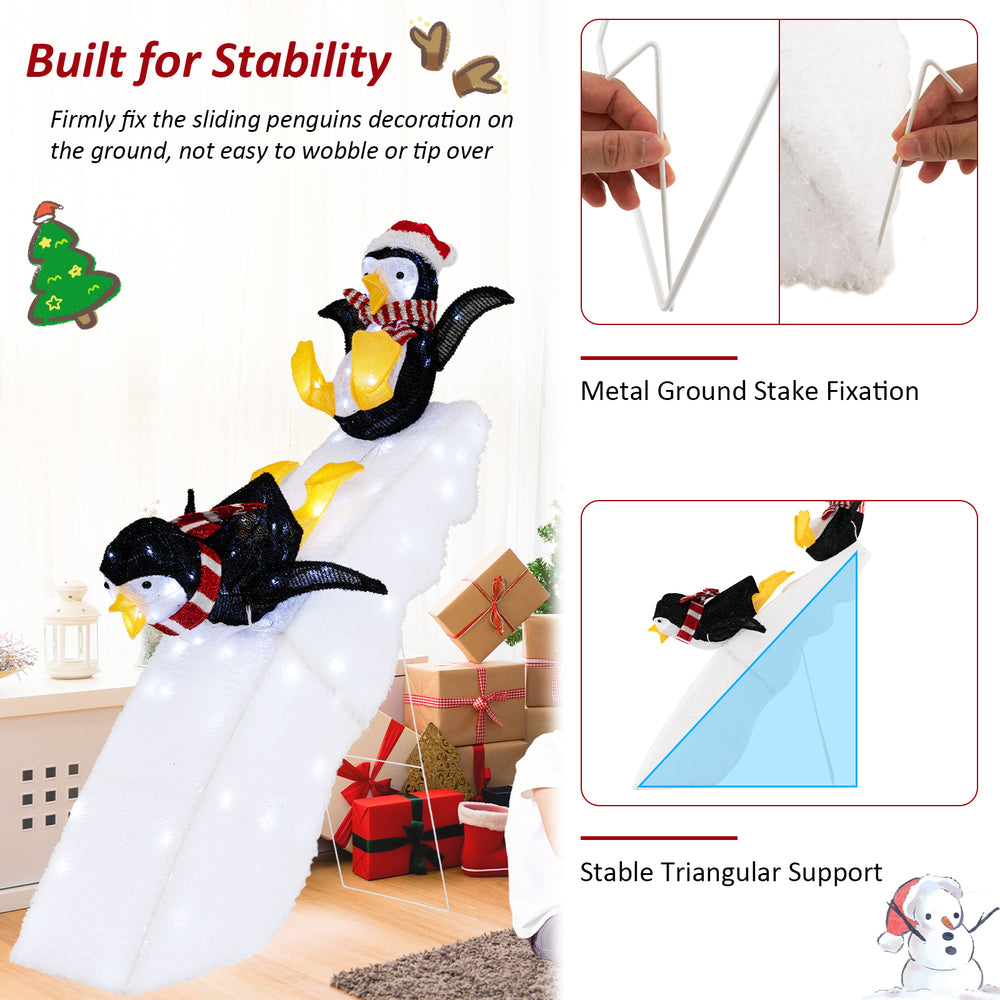 4 feet Christmas penguin decor with snowy slide, featuring 130 LED lights and stable triangular support for outdoor use.