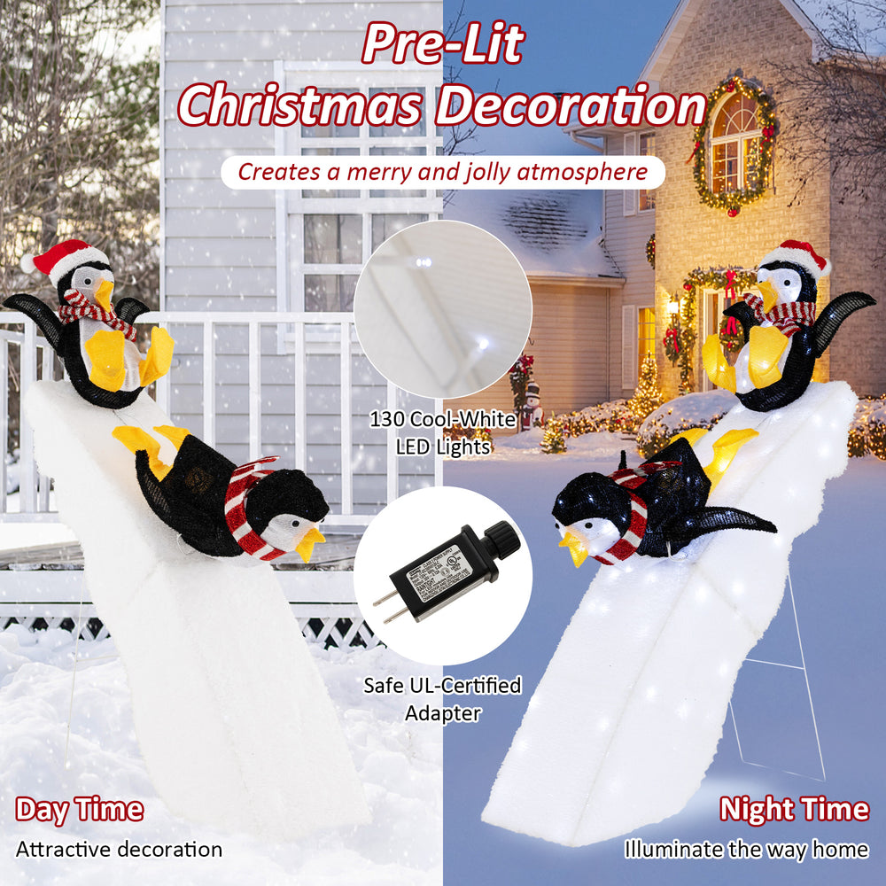 4 feet Christmas penguin decor on snowy slide with 130 LED lights, perfect for festive indoor or outdoor decoration.