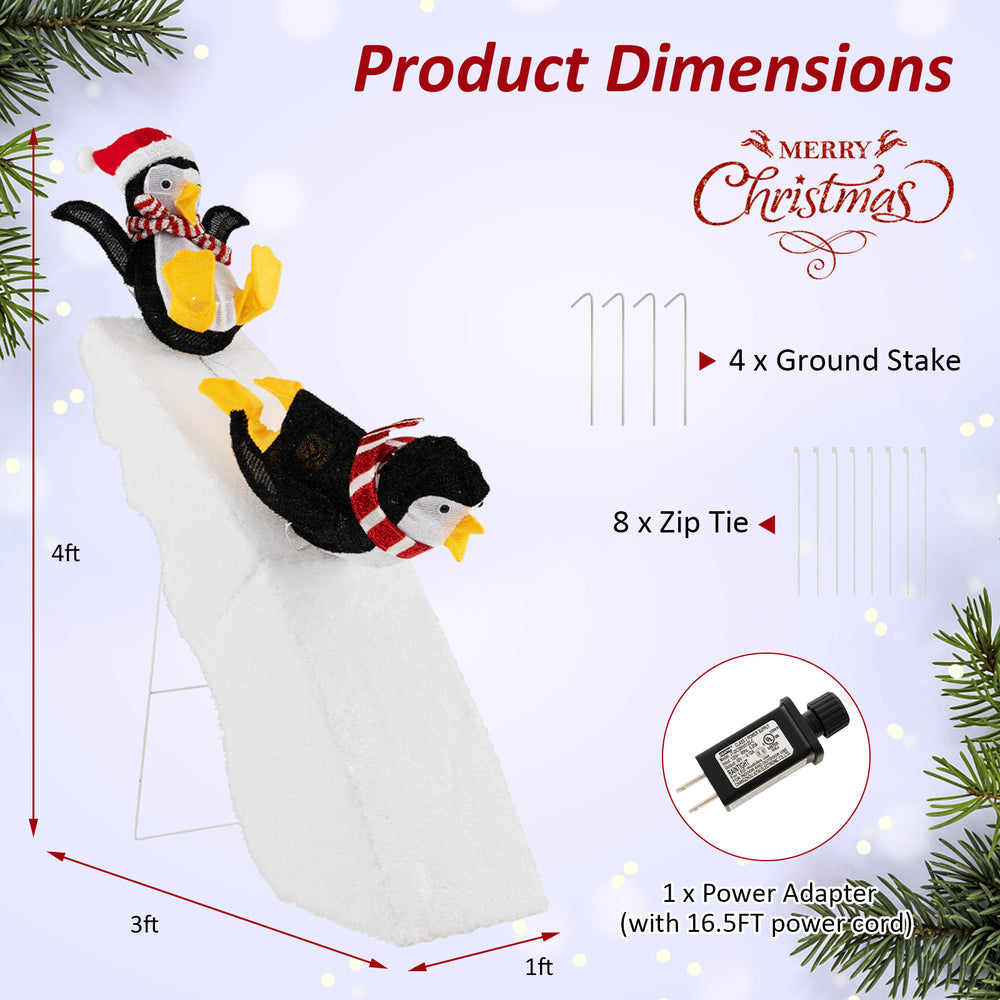 4 feet Christmas penguin ice skating decor on snowy slide with 130 LED lights, perfect for indoor or outdoor holiday.