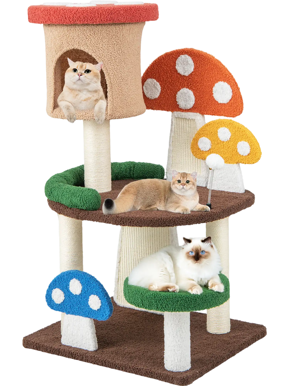 Multicolor 4-in-1 mushroom cat tree featuring a cozy condo, spacious platforms, and sisal posts for scratching fun.