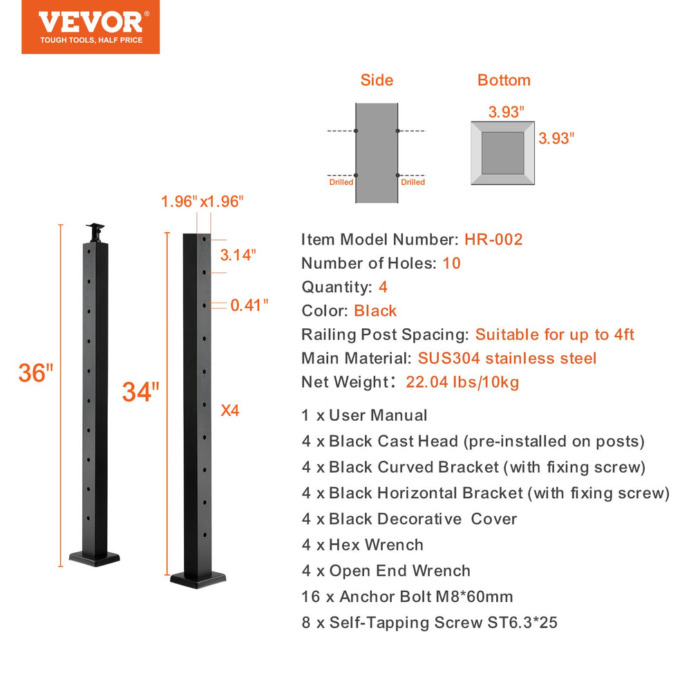 Vevor Cable Railing Post 36" x 2" x 2" Stainless Steel with 10 Pre-Drilled Holes 4-Pack New