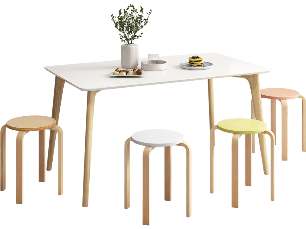 Set of four multicolor bentwood stackable stools with round tops, ideal for dining or craft activities in various rooms.