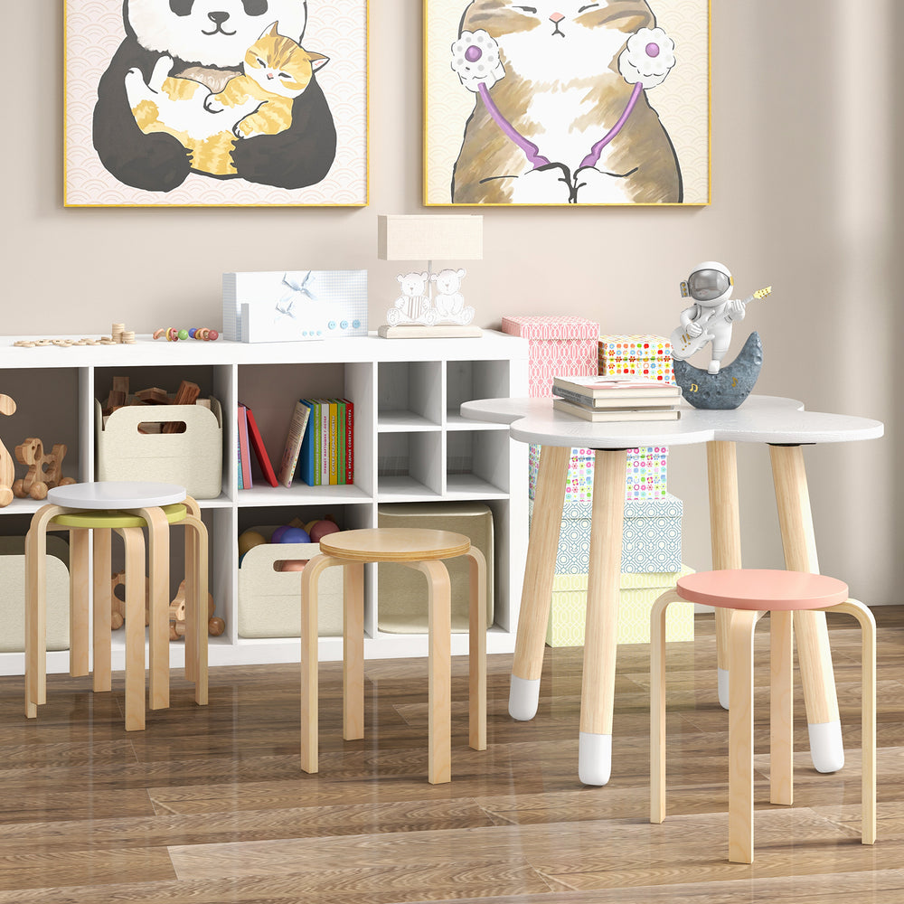 Multicolor set of 4 bentwood stackable stools with round tops, ideal for kids' room activities and space-saving storage.