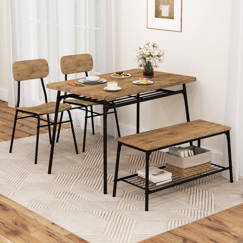 4-piece dining table set featuring a brown veneered MDF tabletop, metal frame, and space-saving design with bench and.