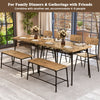 4-piece dining table set with a brown veneered MDF top, metal frame, bench, and 2 chairs, perfect for small spaces.