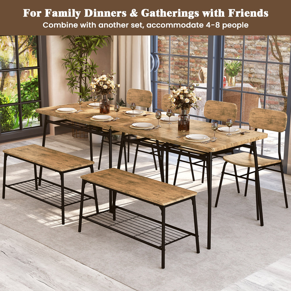4-piece dining table set with a brown veneered MDF top, metal frame, bench, and 2 chairs, perfect for small spaces.