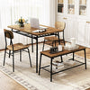 4-piece dining table set featuring a brown veneered MDF tabletop, metal frame, and two chairs with a bench for.