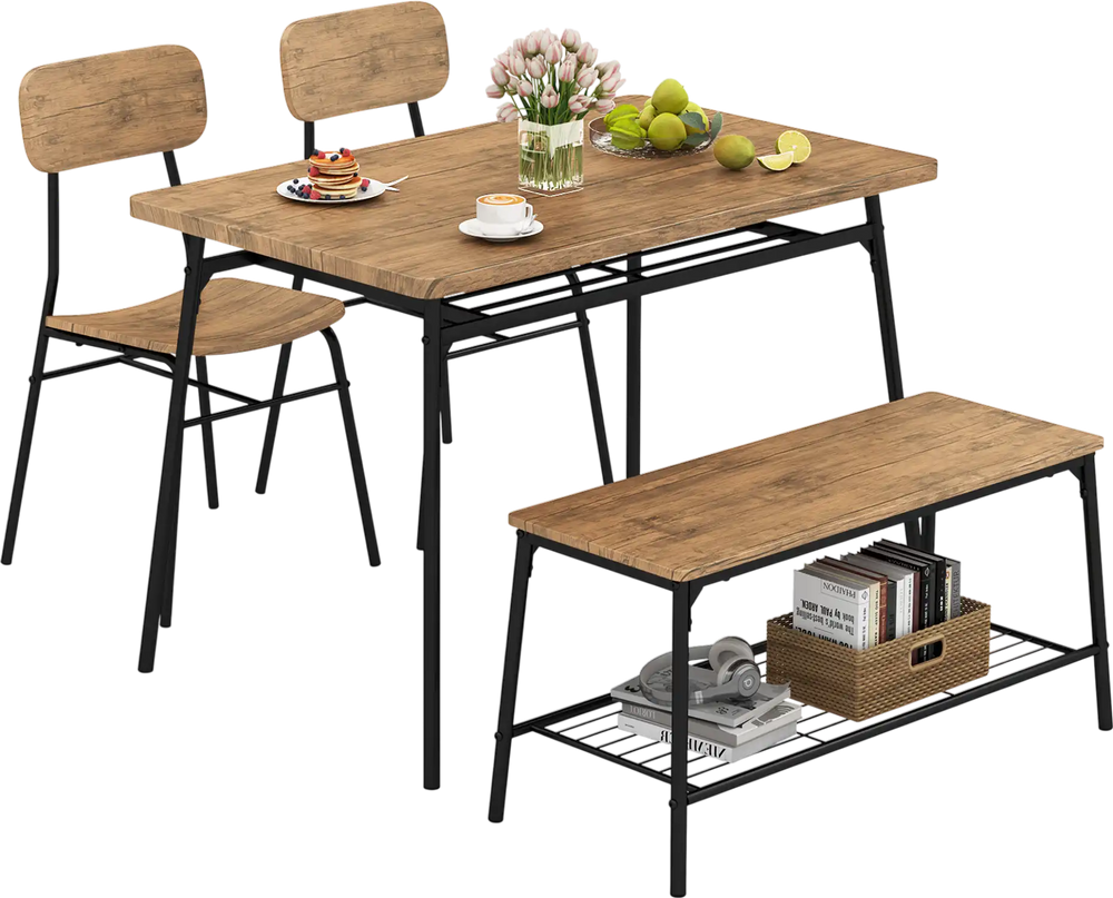 4-piece dining table set featuring a brown veneered MDF tabletop, metal frame, 2 chairs, and a bench for compact spaces.