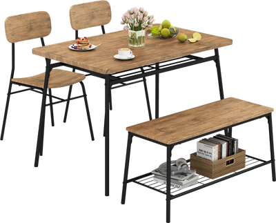Costway 4-Piece Dining Table Set for 4 w/ Bench & 2 Chairs Metal Frame 395426817 New