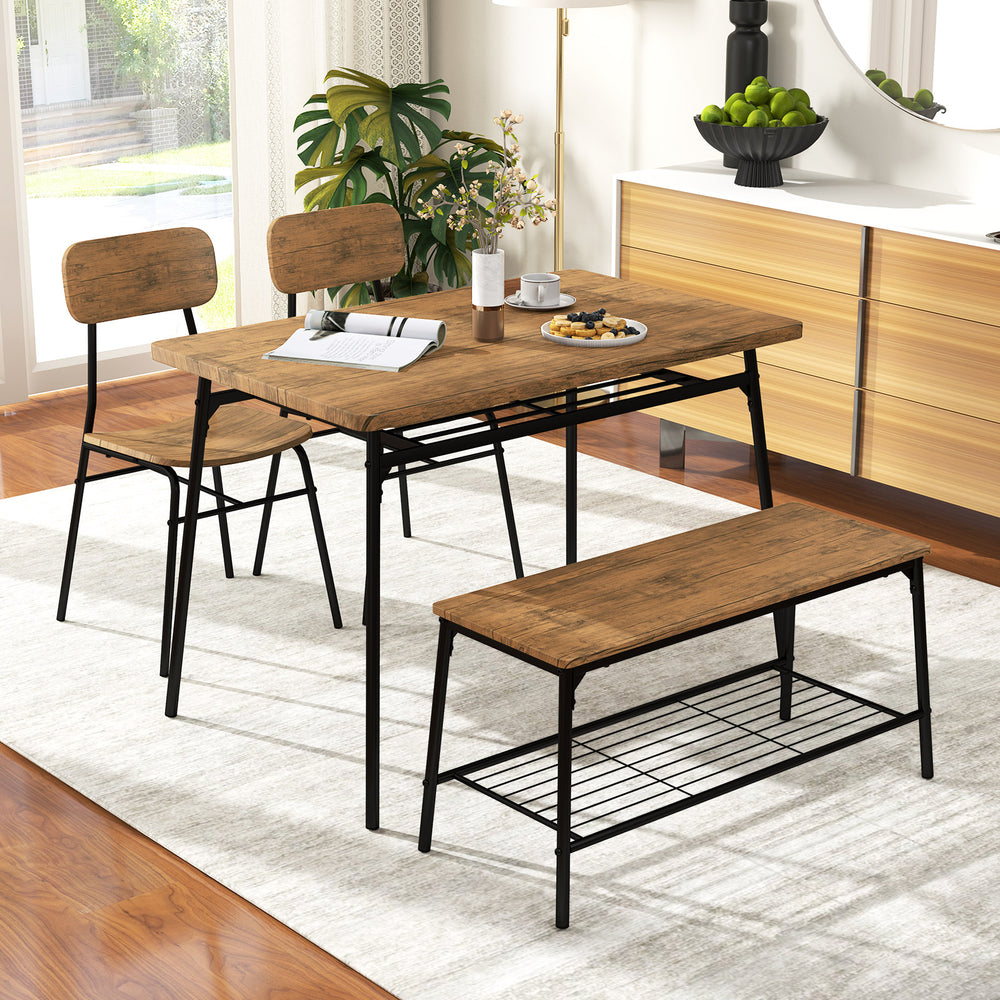 4-piece dining table set featuring a brown veneered MDF tabletop, metal frame, and space-saving design with a bench and.