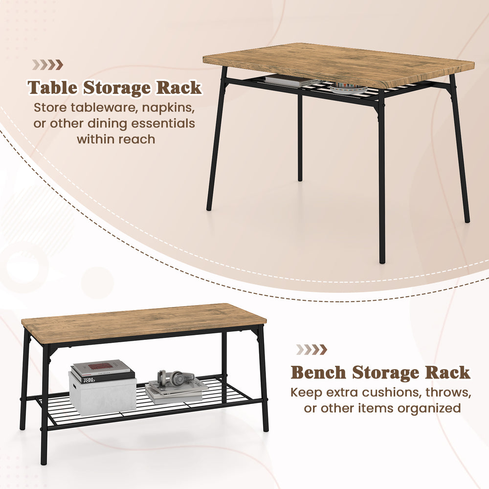 Dining table set featuring a brown veneered MDF top, metal frame, and storage racks for organized dining essentials.