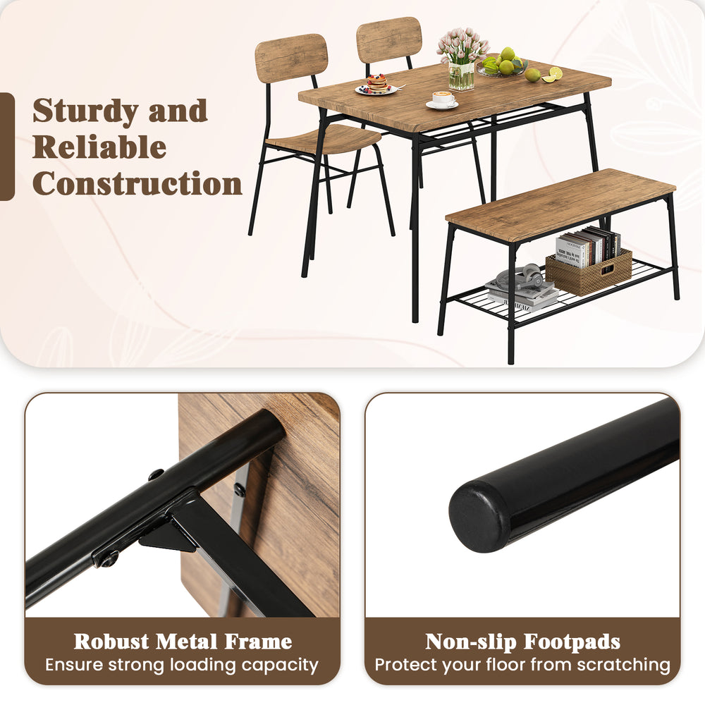 4-piece dining table set featuring a brown veneered MDF tabletop, metal frame, and storage racks for small spaces.