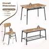 Dining table set with metal frame, brown veneered MDF top, includes bench and chairs, ideal for small spaces.