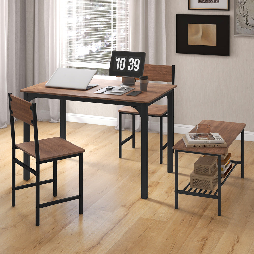 Rustic 4-piece dining table set with brown MDF tabletop, featuring 2 chairs and a bench for space-saving dining.